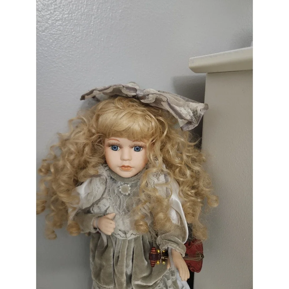 Vintage Porcelain Doll Blonde Curls Blue Eyes Velvet Lace Dress Violin 16 inch